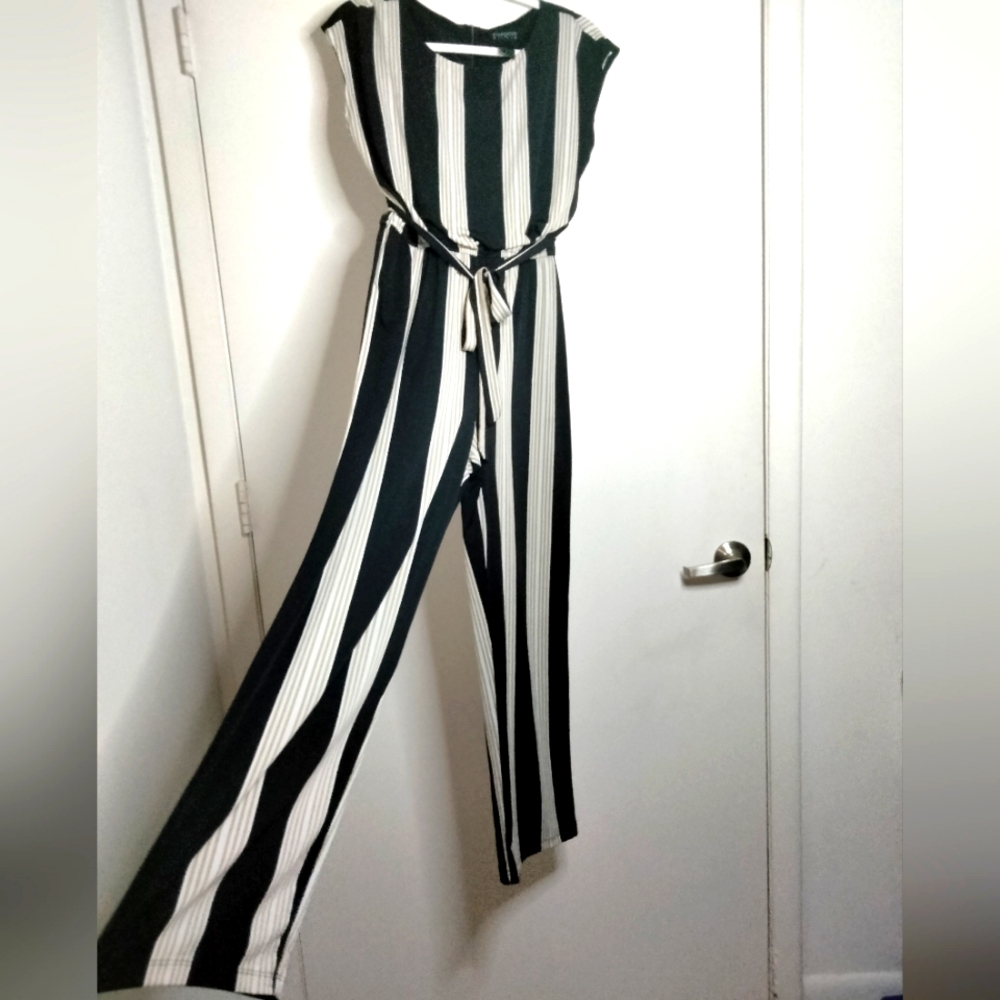 Enfocus Studio (Size 8) Multicolored Striped Stretch Cap Sleeves Belted Jumpsuit